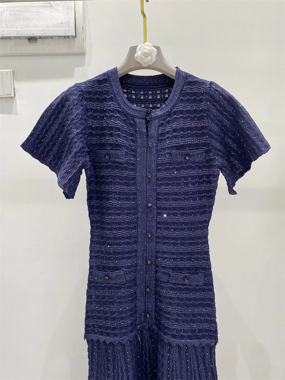 New summer single-breasted round neck knit crochet short-sleeved dress, high-quality and fashionable over-the-knee long skirt