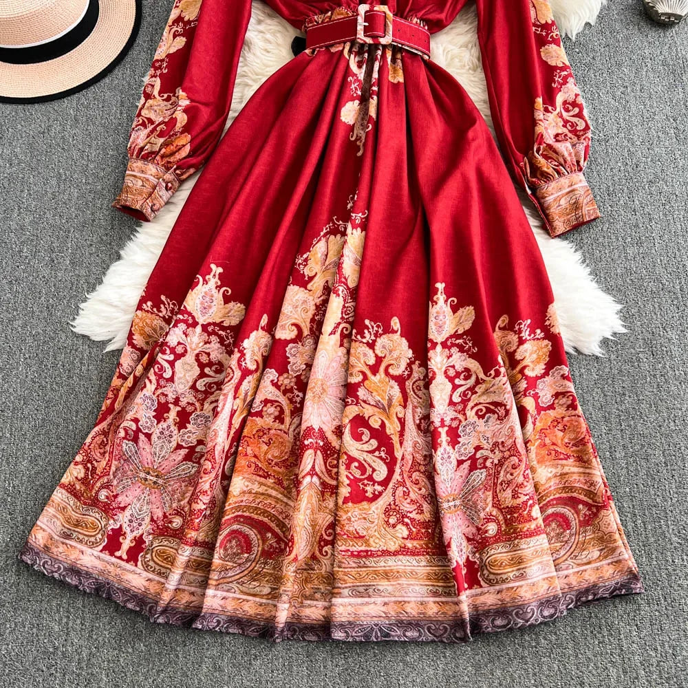 Spring Autumn Retro Palace Style Dress New French Printed Lantern Sleeve Stand Collar A-line Long Dress Femade C110