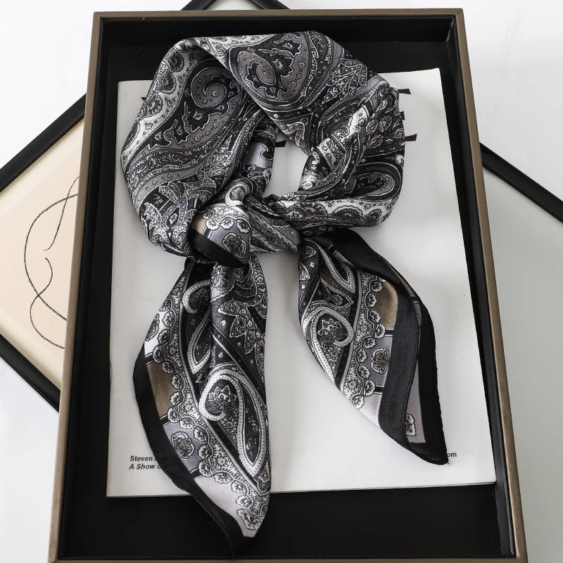 Luxury Women Silk Square Scarf Shawl Fashion Xiaoxiangfeng Print Design Satin Hijab Wraps Neckerchief Female Hair Bands 70*70CM