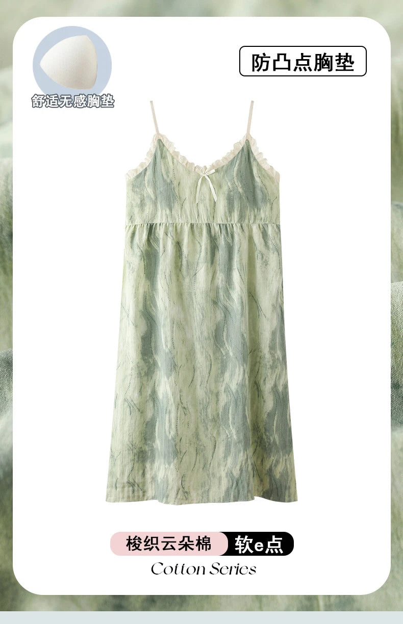 Summer Women Sleeveless Nightdress With Chest Pad Femme Knited Cotton Nightwear Floral Sling Sleepdress
