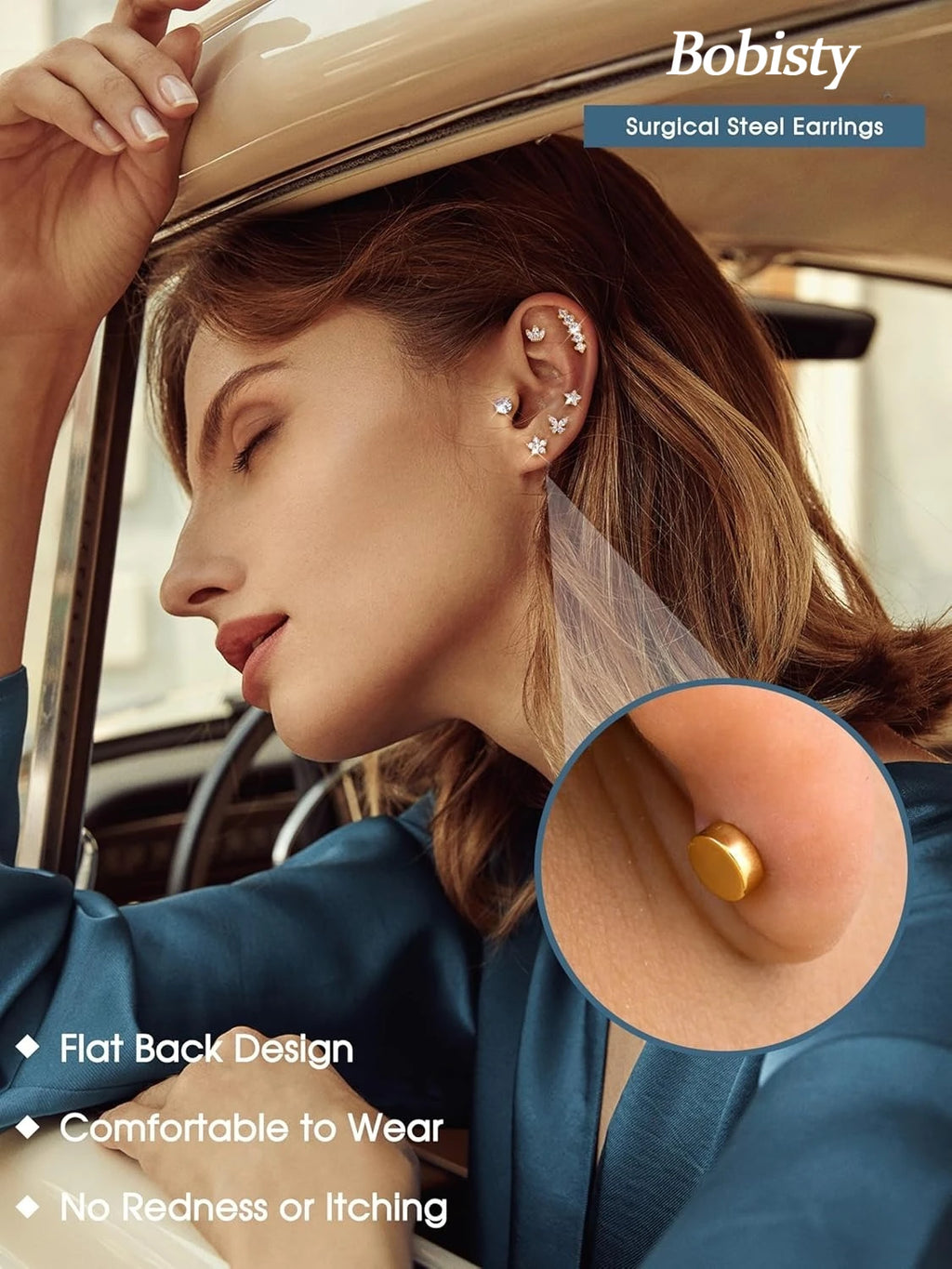 Bobisty Surgical Steel Cartilage Studs Earrings Hypoallergenic Earring Set Flat Back Helix Tragus Piercing Jewellery for Women
