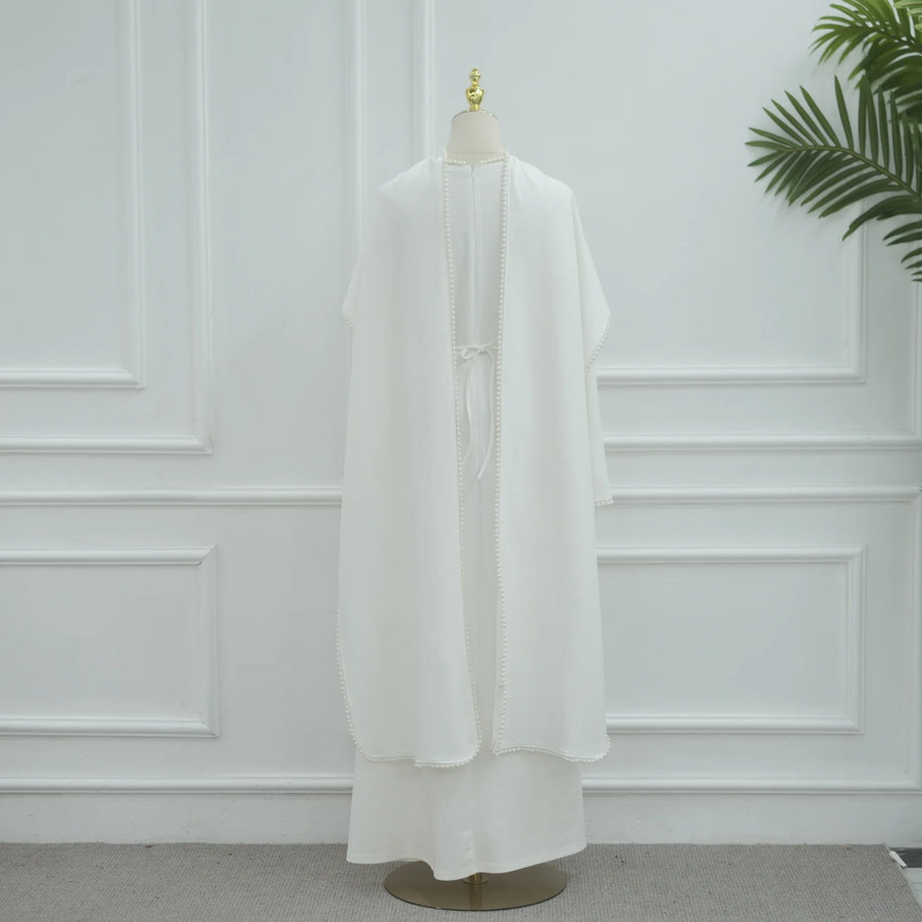 White Pearl Trim Cape Maxi Dress Women Elegant Long Sleeve Cinched Waist Muslim Robes 2026 Spring EID Abaya Lady Dresses