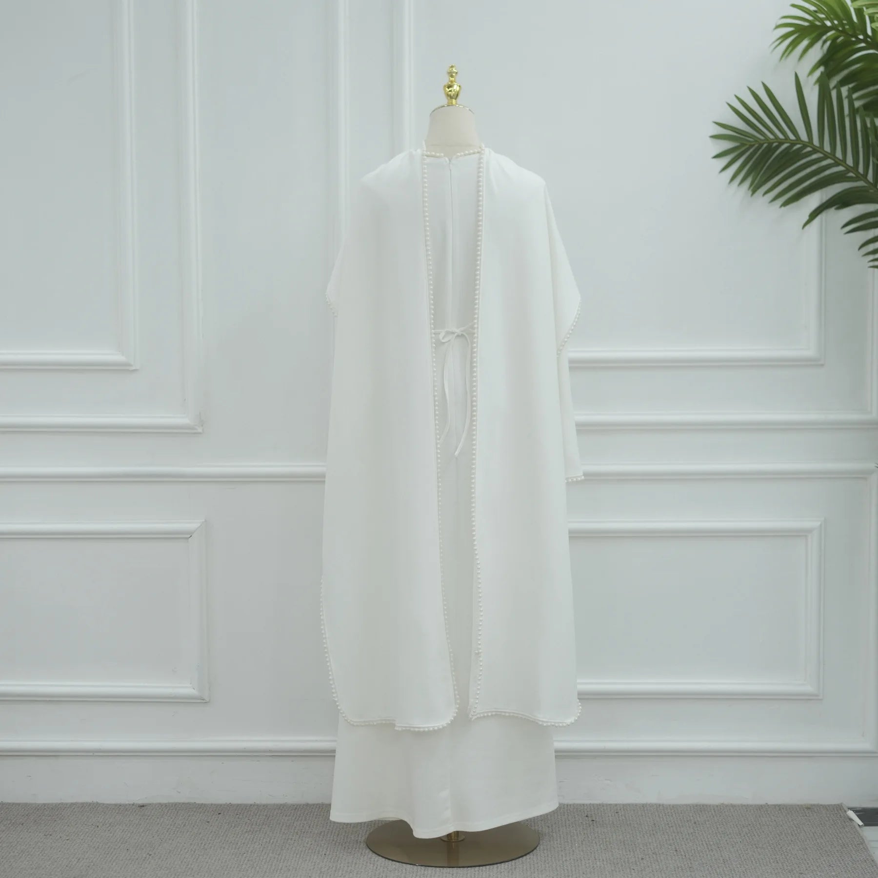 White Pearl Trim Cape Maxi Dress Women Elegant Long Sleeve Cinched Waist Muslim Robes 2026 Spring EID Abaya Lady Dresses