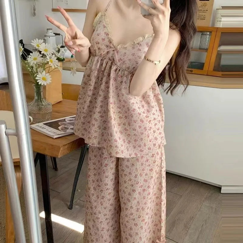 Women's New Pajamas Homewear Set Summer Retro Small Broken Flowers Halter Short-Sleeved Long Pants Thin Pajamas Homewear Set