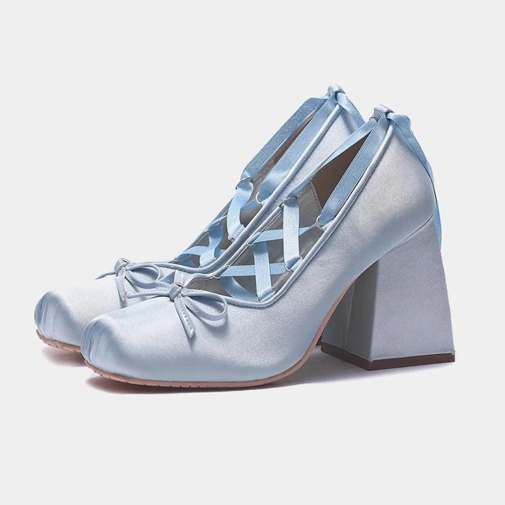 2026 Spring Satin Cute Lolita Women Mary Janes Shoes Chunky High Heels Ballet  Shoes Lace Bowknot Ladies Shoes For Woman Pumps