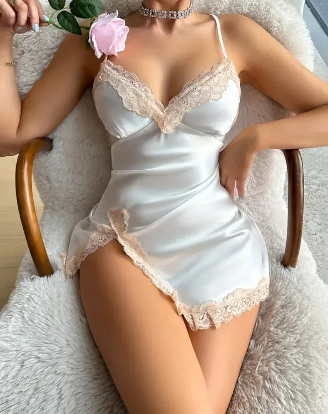 new fashion 2025 casual Satin Floral Embroidery Mesh Patchwork V-Neck Spaghetti Strap Mini Nightgown Sexy Babydoll
