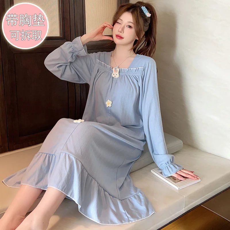Autumn Winter New Women Cotton Nightdress With Chest Pad Long Dress Sweet Loose Long Sleeve Home Wear