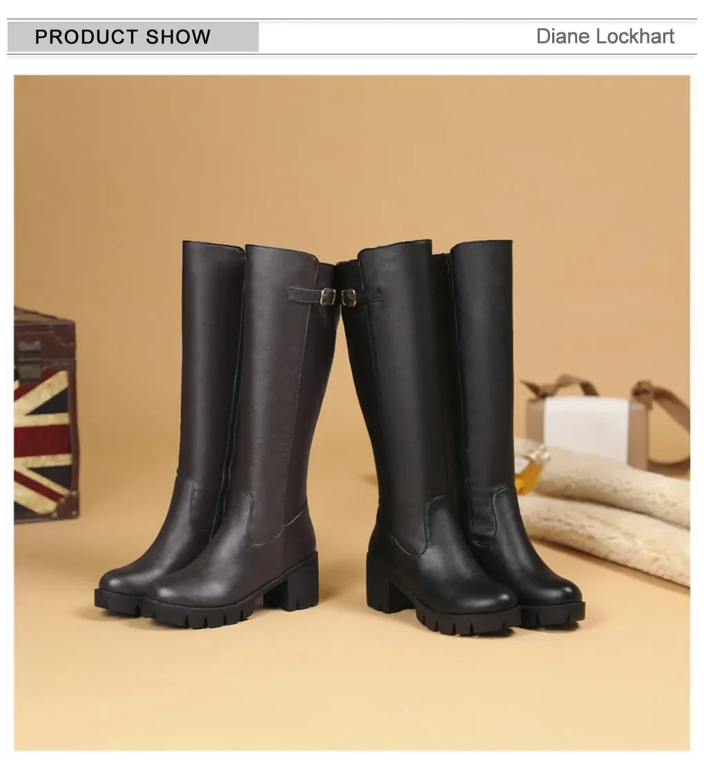 Casual Women Platform Snow Boots Buckle Women Knee High Boots Warm Fur Winter Riding Boot Female Black Brown Shoes Large Size 45