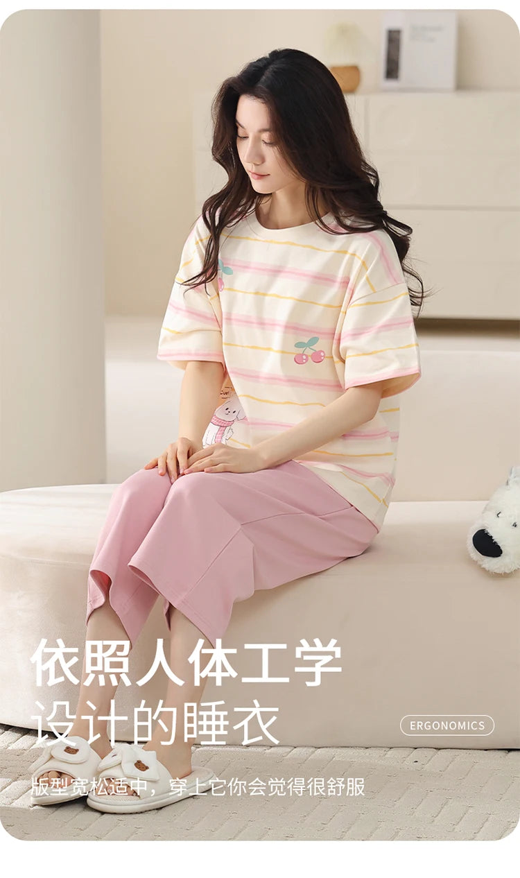 MiiOW 2Pcs Summer Women's Pajamas Set Cotton Short Sleeve Woman Homewear Cute Pink Patchwork Print Girls Pajamas Woman Sleepwear