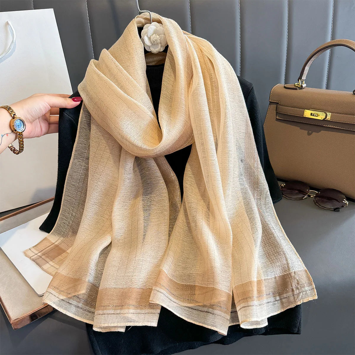 Luxury Long Scarf For Women Elegant Hijab For Travel Beach Soft Stain Neckerchief Shawl Solid Color Imitation Silk Scarves