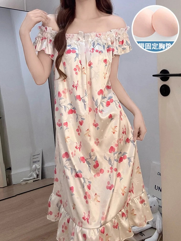 Ice Silk Satin Pajamas Women's Korean Summer Nightgown with Chest Pads Sweet Lace Ruffle Sleeved Long Dress Floral Loungewear