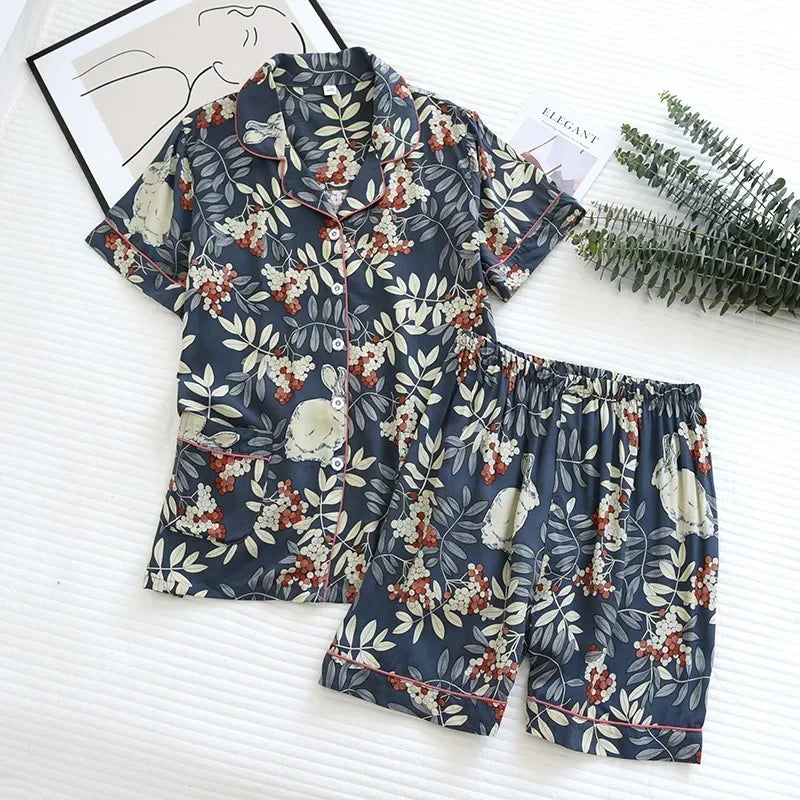 Spring and autumn ladies cute cartoon floral viscose fiber pajamas two-piece long-sleeved home service cotton summer thin shorts