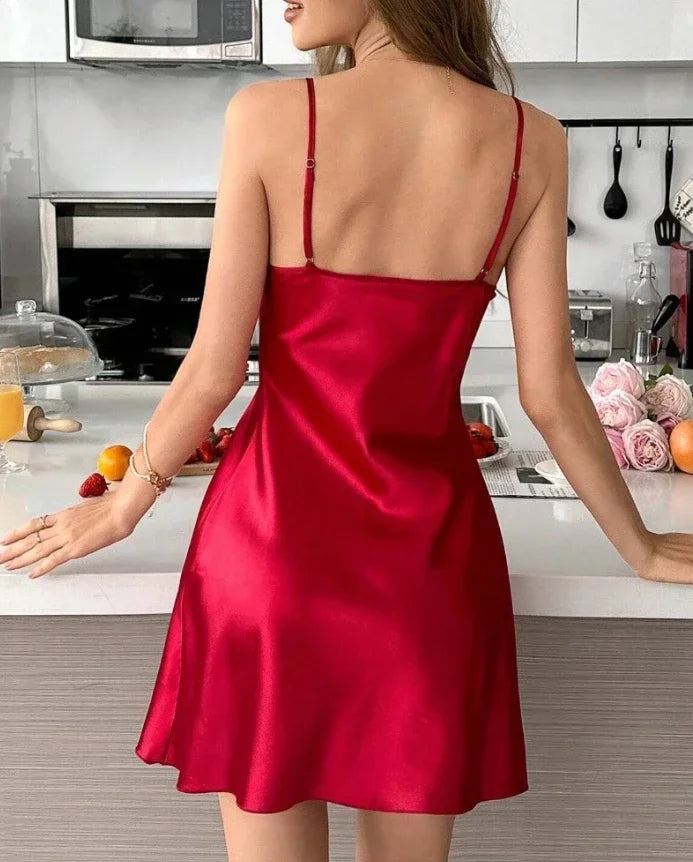 new fashion 2025 casual Satin Floral Embroidery Mesh Patchwork V-Neck Spaghetti Strap Mini Nightgown Sexy Babydoll