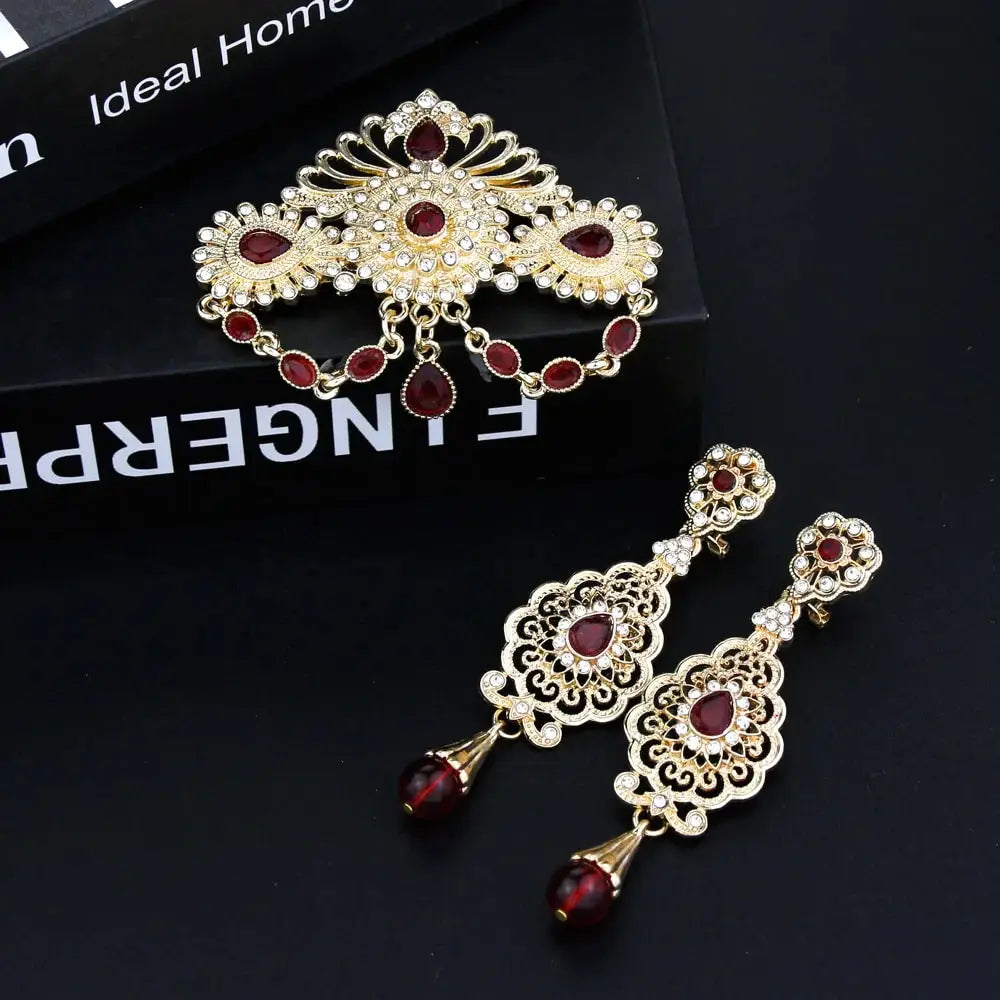 Elegent Arabic Morocco Women Hollow Filigree Brooch Drop Earring Sets Gold Color Bridal Wedding Jewelry Crystal Bijoux