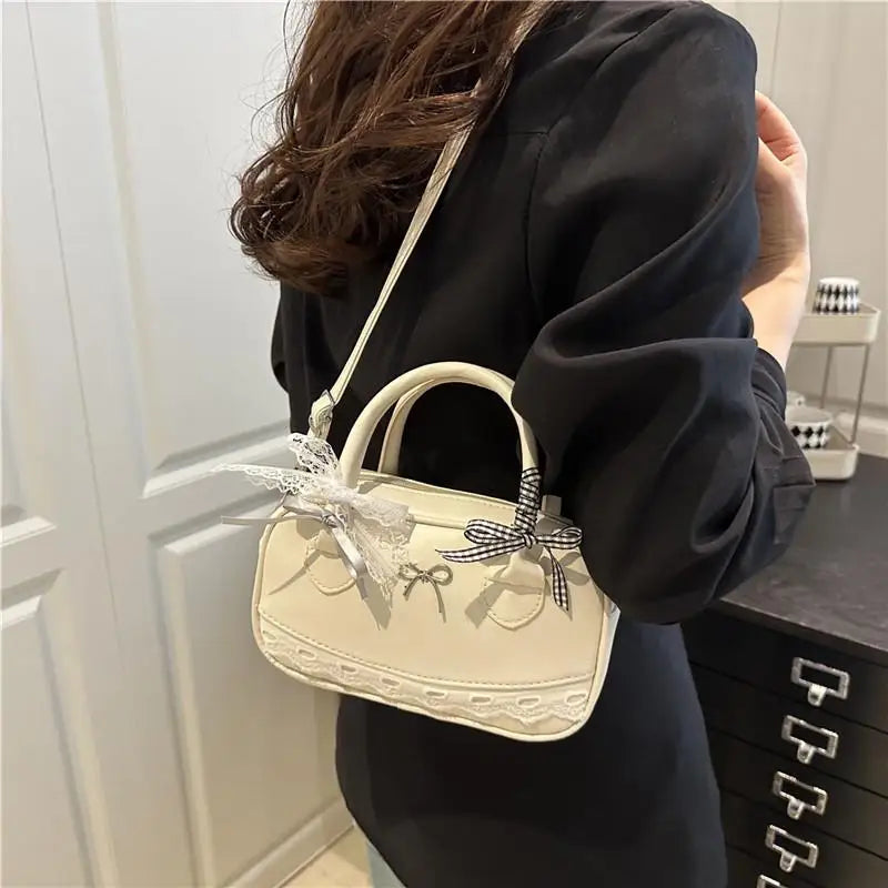 Simple Elegant Handbag Boston Shoulder bag Lace Ribbon Bow Decor Crossbody Bag Small Square Bag Casual Women Bags ﻿