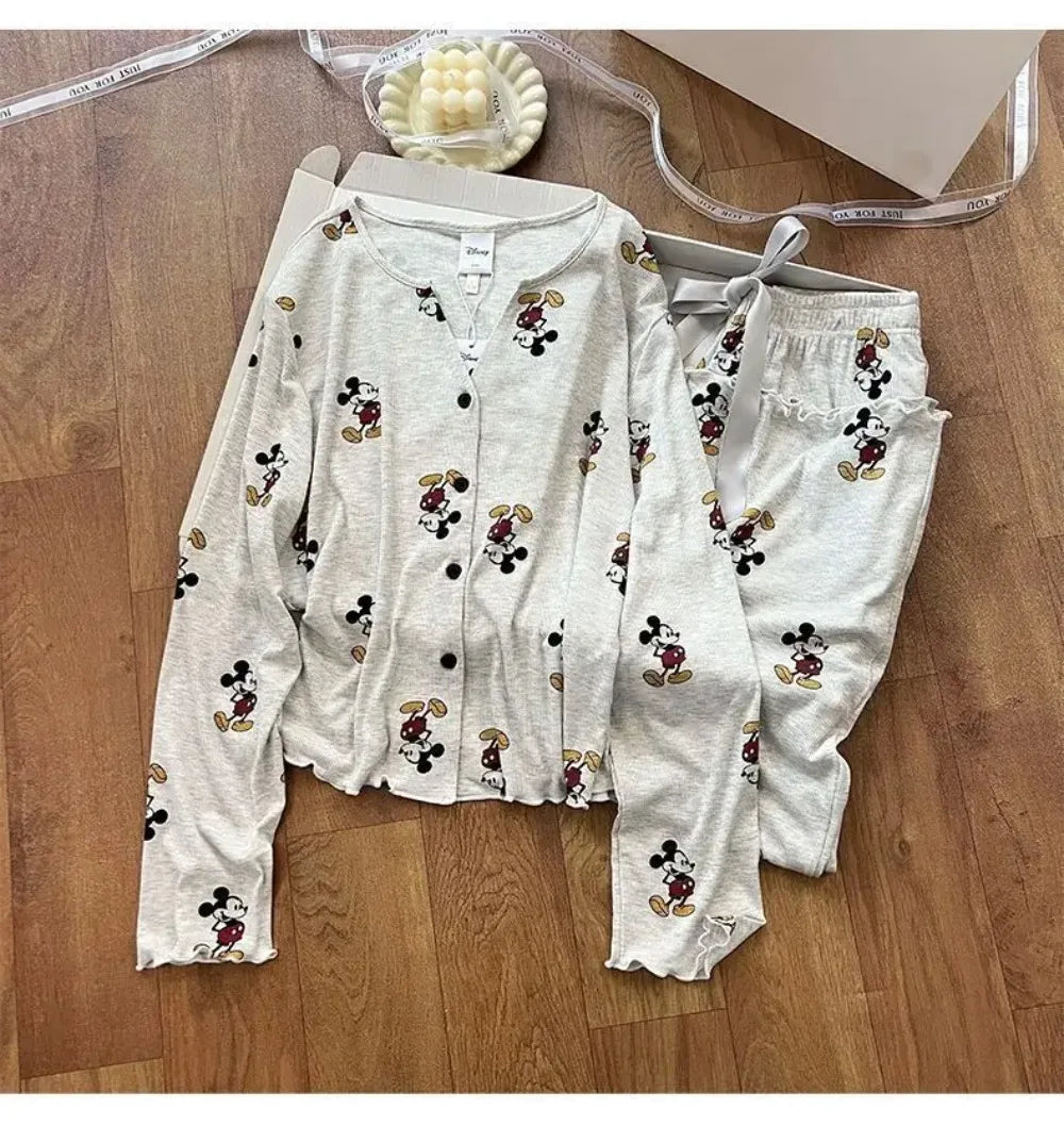 Potdemiel Mickey Women's Pajama Set Autumn, Korean Style Long Sleeve Loungewear, Premium Cotton Sleepwear with Pants