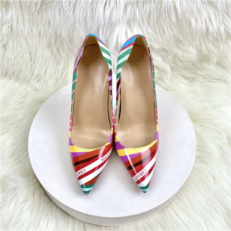 Colorful Striped High heels Fashion Cutting Pointed Shallow Party Shoes For Woman 8CM 10CM 12CM Women Pumps Large Size 44 45 46