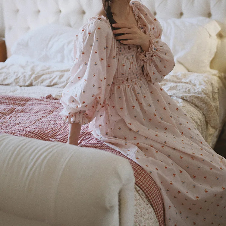 100% Cotton Doen Fairy Embroidered Dress Retro Sweet Cotton Princess Style Floral Sleep Skirt Outside Spring Autumn Sleepwear