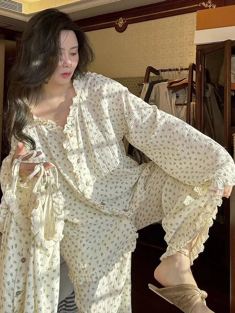 Spring Autumn Women Cotton Pajamas Sets Floral Printed 3Pcs Home Clothing Long Sleeves Spaggehtti Straps Long Pants Loungewear