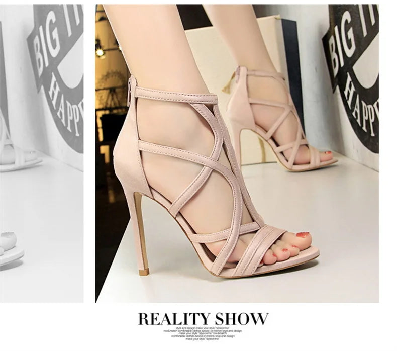 Women Roman style Thin High Heels Pumps Pointed Toe Suede Hollow Strap Party Shoes Solid Solid Ankle Zip Summer Sandals