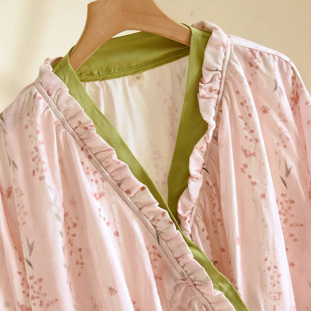 Japanese Kimono Style Pajama Set Women Ruffle V Neck 100% Cotton Crepe Loungewear Breathable Floral Sleepwear for Spring