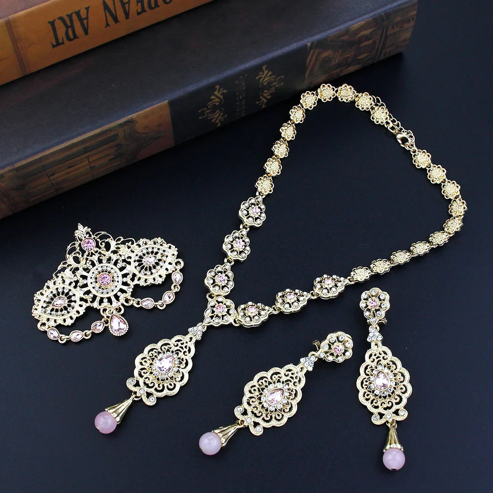 New Gold Color Algeria Bride Wedding Jewelry Set For Women Morocco Earring Necklace Brooch Arabic Traditional Jewelry