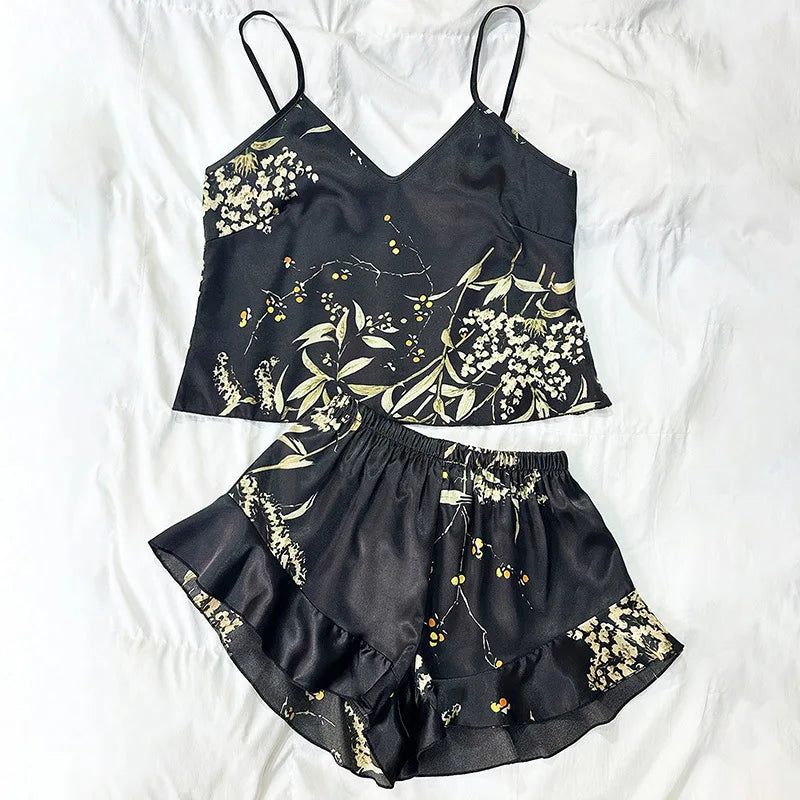 Oversize Pijama Mujer Print Flower 4Pcs Robe Pajama Set Loungewear Summer New Ice Silk Kimono Bathrobe Gown Loose Women Homewear