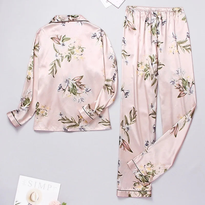 Spring Autumn pajama women Silk Satin pajamas set Long sleeve Shirt with Trouser Sleepwear Loungewear Female Pyjamas Suits Mujer