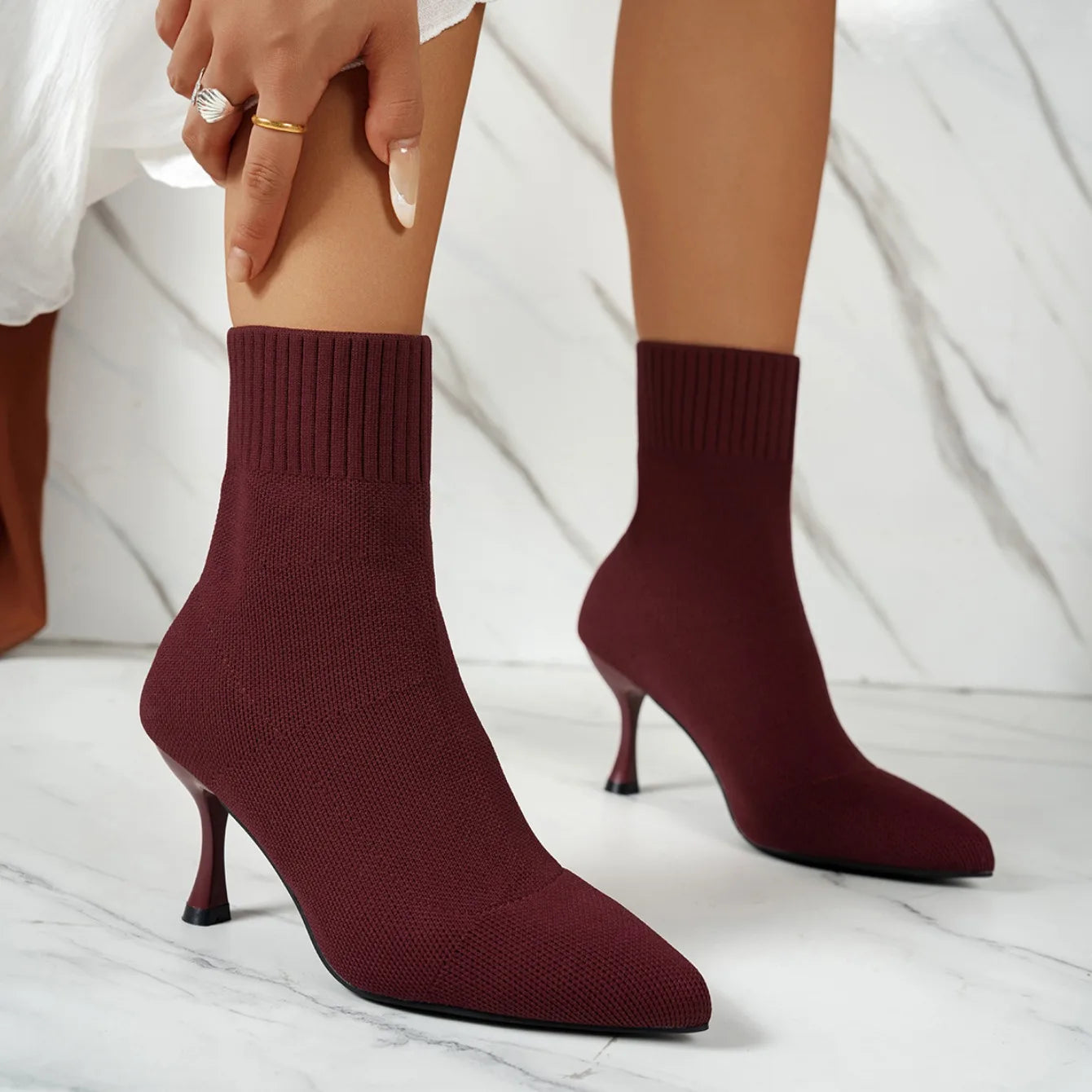 Spring Autumn Women Ankle Boots Slip-On Green Chelsea Boots Women Luxury Stretch Fabric Women Socks Shoes Pointed Toe High Heels