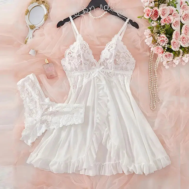 Transparent Ultra-short Dress Sexy Lingerie Lightweight Deep V Sling Nighty Loungewear Women's Pajamas Lace Nightdress Female