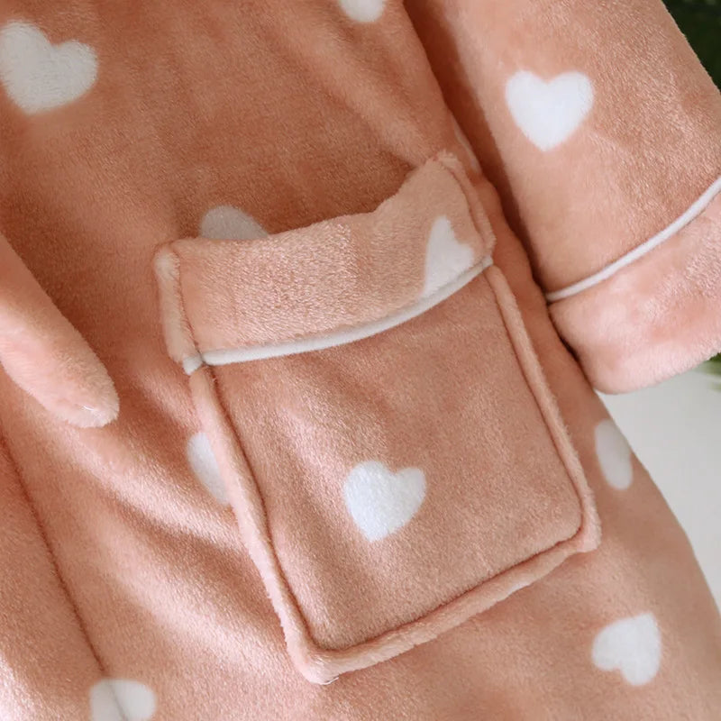 Autumn Winter Female Robe Thicken Flannel Bathrobe Kimono Sleepwear with Pocket Cute Print Sweet Heart Home Dress Lounge Wear