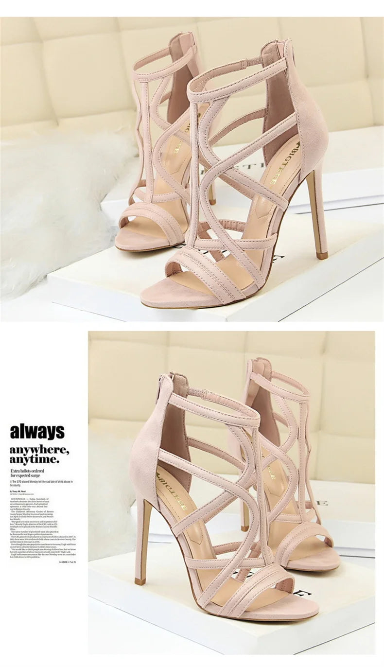 Women Roman style Thin High Heels Pumps Pointed Toe Suede Hollow Strap Party Shoes Solid Solid Ankle Zip Summer Sandals