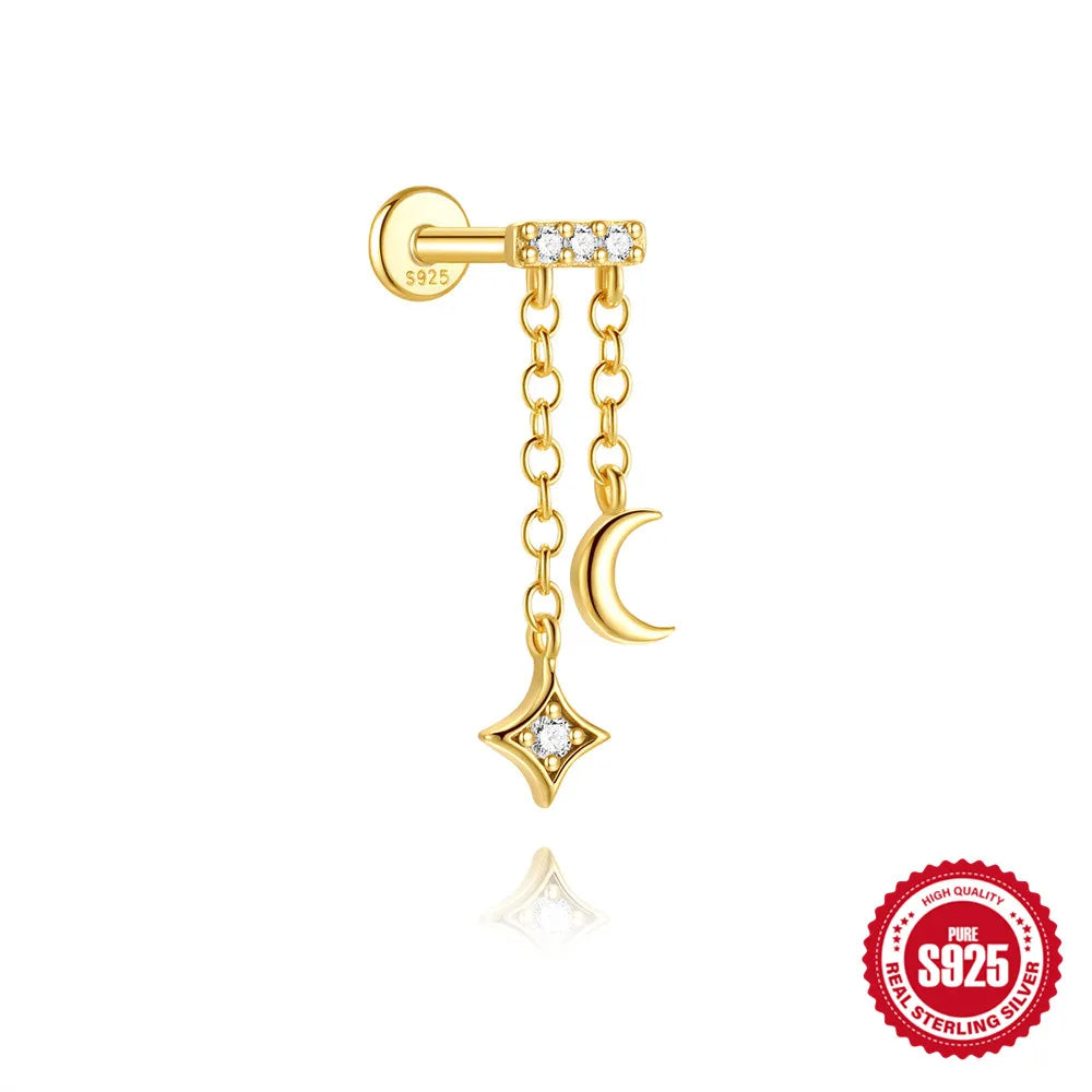 CANNER 1PC 925 Sterling Silver Eight-pointed Star CZ Piercing Earring For Women Ins Tassel Chain Stud Earring Party Fine Jewelry
