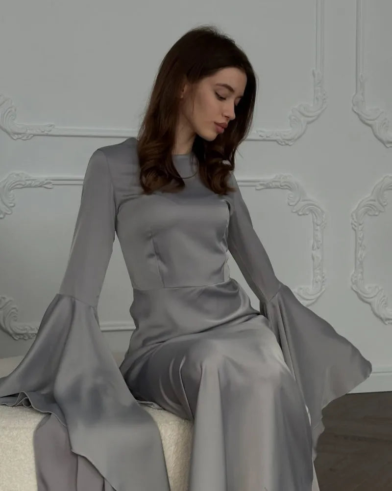 Women Cocktail Party Dress Big Swing Middle Eastern Long Floating Sleeves Slim Empire Lady Banquet Solid Maxi Clothing