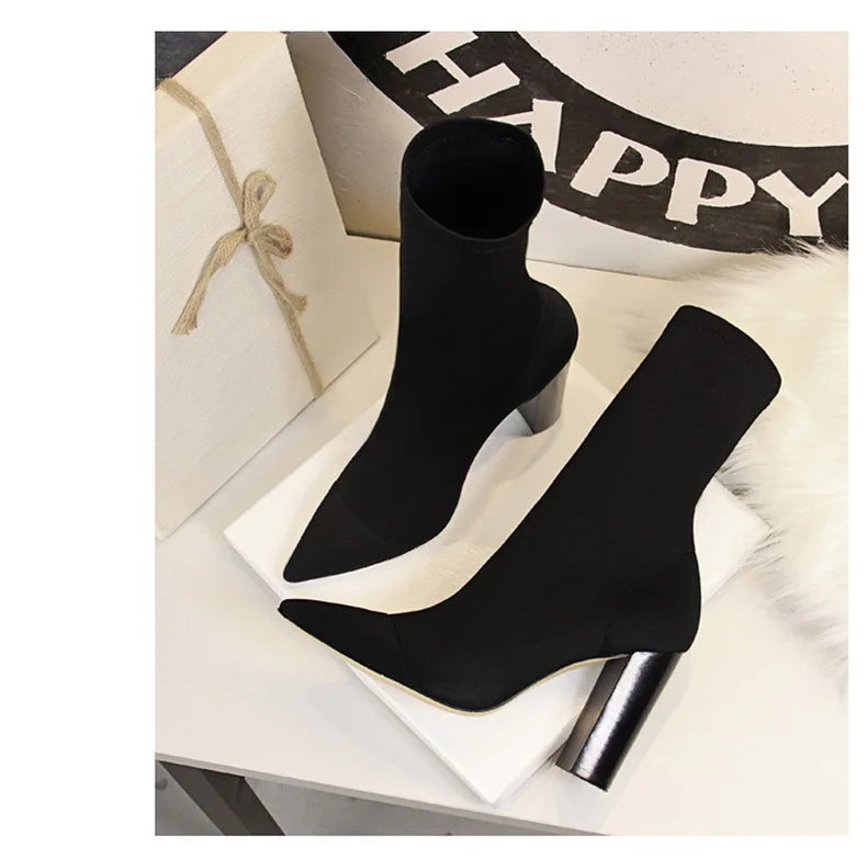 Mid-Calf Boots 2024 New Women Stretch Sock Boots Chunky Block Heels High Heels Silk Shoes Solid Color Short Boots Autumn 3129-3