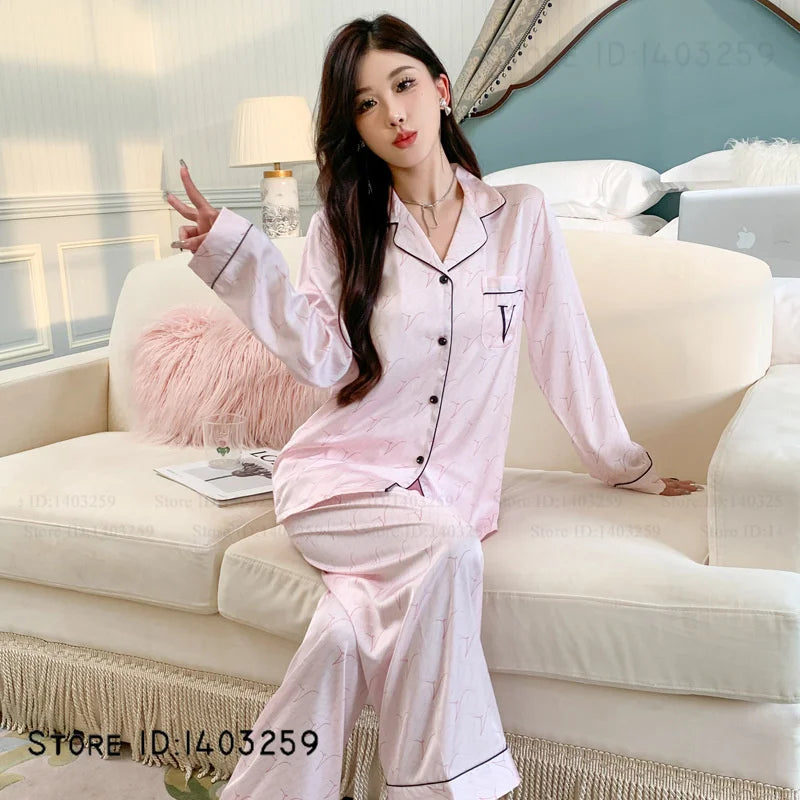 Elegant Silk Satin Women Pajamas Set Lounge Wear Sexy Lingerie Long Sleeve Trouser Pijamas Suit Loose Casual Sleepwear Homewear