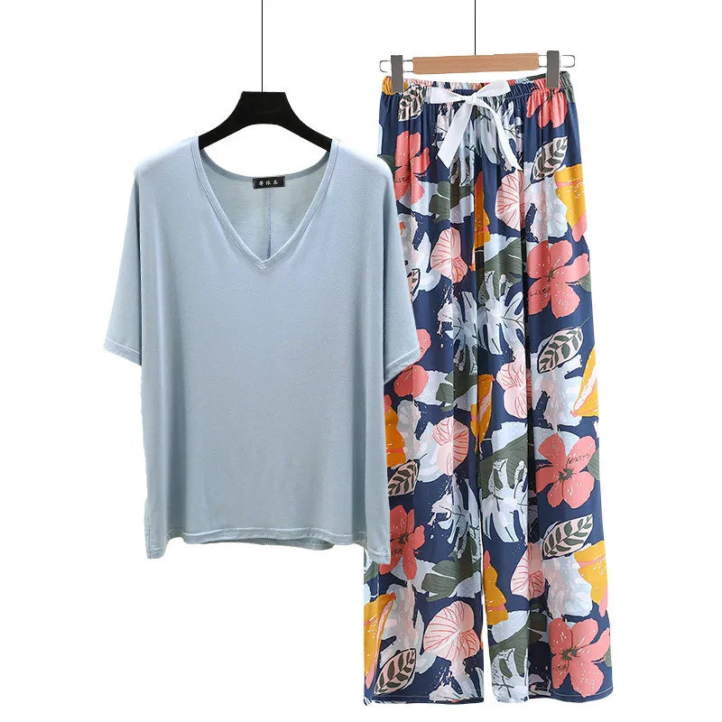V Neck Tshirt with Poplin Floral wide leg pants summer cool pajamas sets Loose casual homewear suit Rayon Loungewear all match