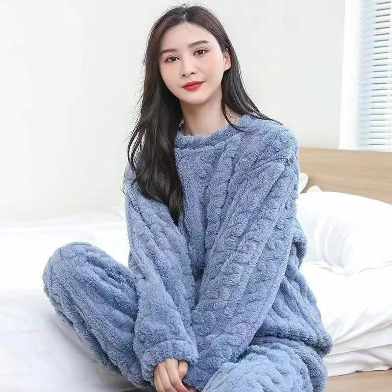 Ensemble pyjama épais et chaud en molleton de corail pour femme, vêtements de maison imprimés de dessins animés, vêtements de nu