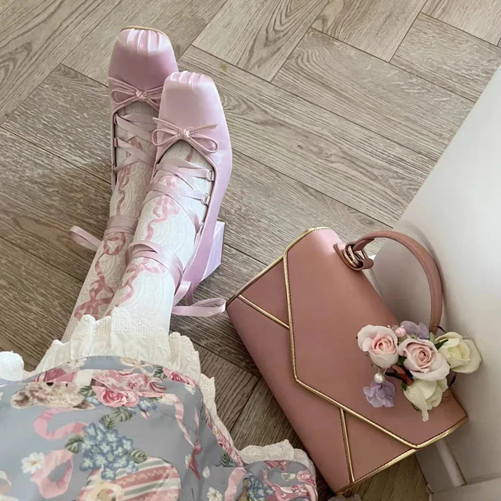 2026 Spring Satin Cute Lolita Women Mary Janes Shoes Chunky High Heels Ballet  Shoes Lace Bowknot Ladies Shoes For Woman Pumps