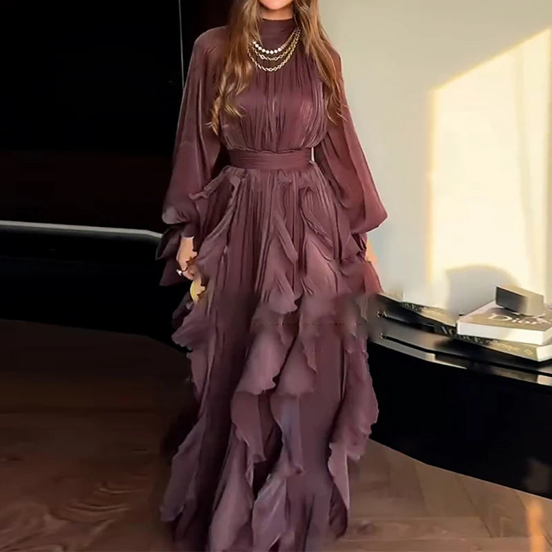 Fashion High Waist Pleat Party Dress Lady Casual High Collar Layered Banquet Dress Elegant Long Sleeve Solid Color Evening Dress