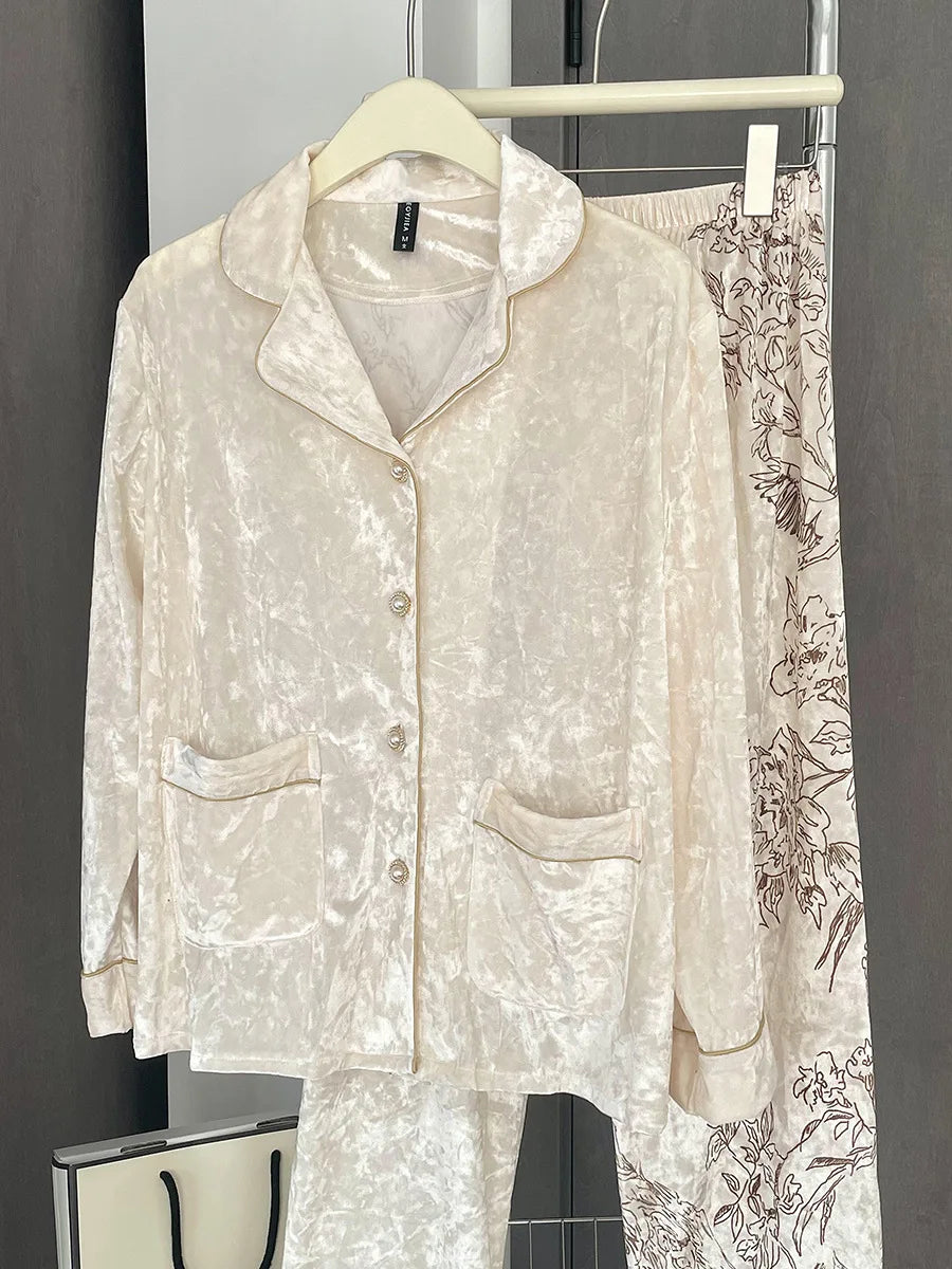 Light Luxury Style Women's Pajamas Gold Velvet Thick Floral Sleepwear Set Spring Autumn Long Sleeved Nightwear Home Clothing