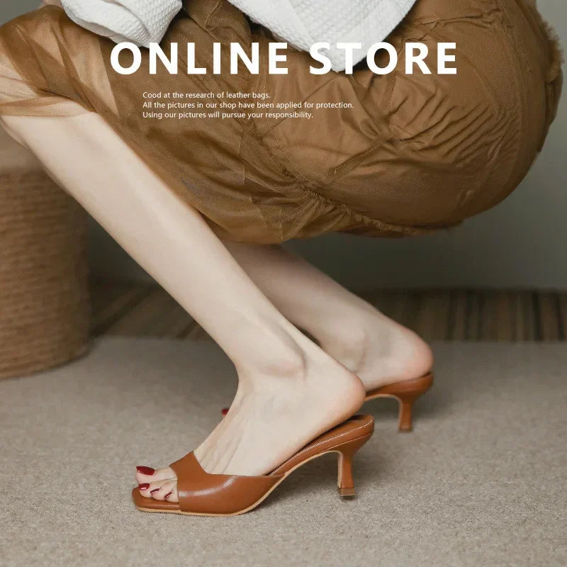 Genuine Leather French Slim Heel Slippers for Women's Summer New Fashionable Sandals Women Sweet Round Toe Slipper Ladies Shoes
