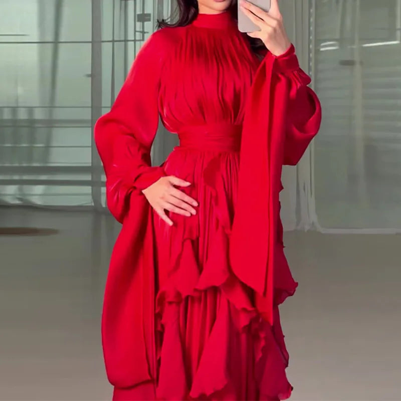 Fashion High Waist Pleat Party Dress Lady Casual High Collar Layered Banquet Dress Elegant Long Sleeve Solid Color Evening Dress