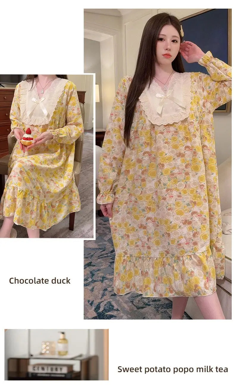 2026 Comfy Long Sleeve Home Dress, Women's Floral Print Loungewear for Spring Autumn, Oversize Sweet Korean Style
