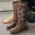 Metal Buckle Square Toe Knee High Boots Women Black PU Leather Punk Long Boots Woman Autumn 2025 Chunky Heels Motorcycle Booties