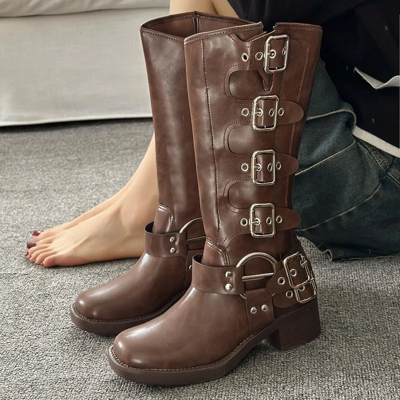 Metal Buckle Square Toe Knee High Boots Women Black PU Leather Punk Long Boots Woman Autumn 2025 Chunky Heels Motorcycle Booties