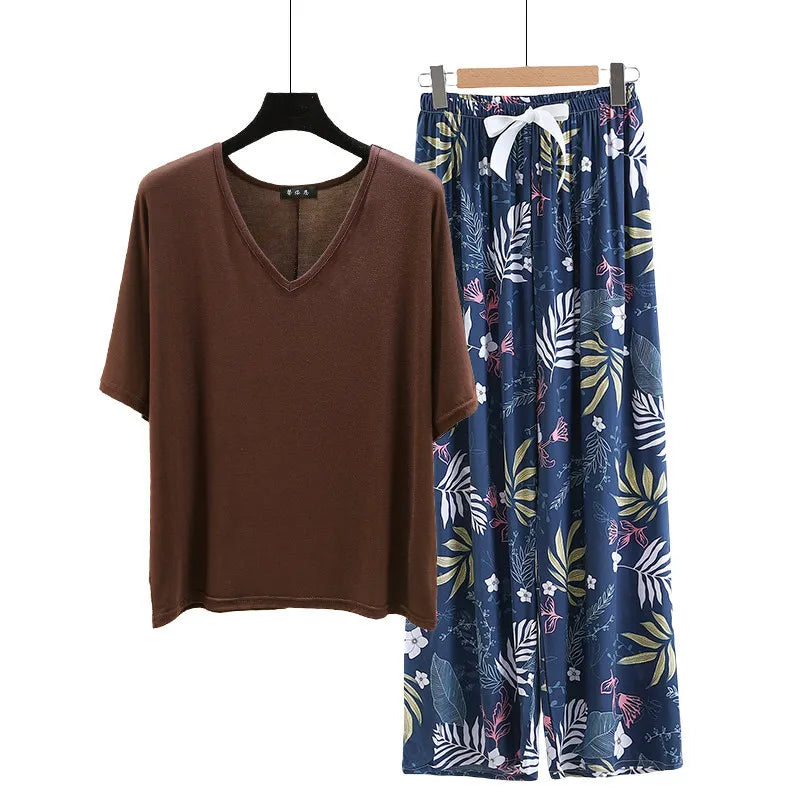 V Neck Tshirt with Poplin Floral wide leg pants summer cool pajamas sets Loose casual homewear suit Rayon Loungewear all match