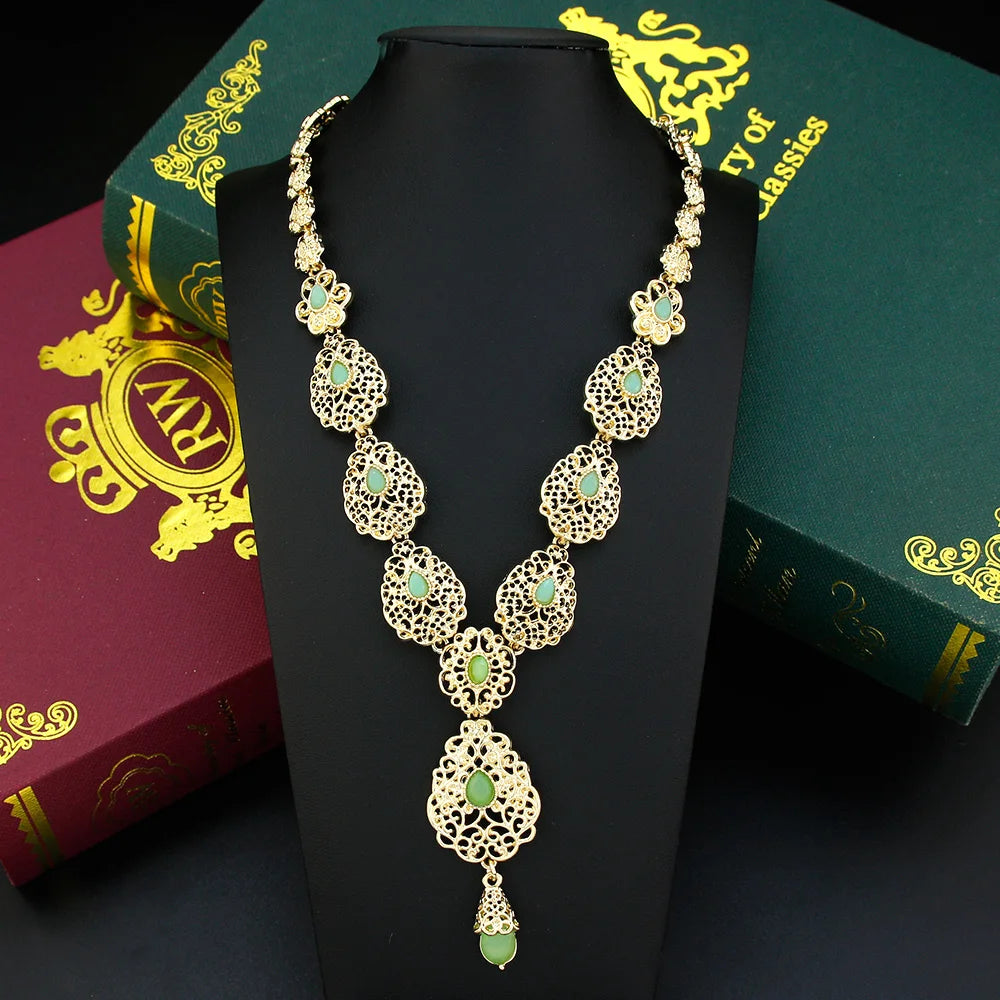 Sunspicems Charm Morocco Choker Necklace For Women Gold Color Droplet Crystal Necklace Hollow Arabesque Bride Wedding Jewelry