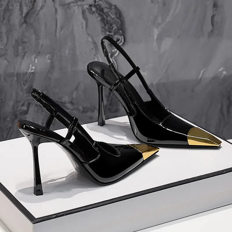 New Summer Women's High-heeled Sandals Gold Iron Head Patent Leather Black Stiletto Square Head Closed Toe Sling Back Shoes