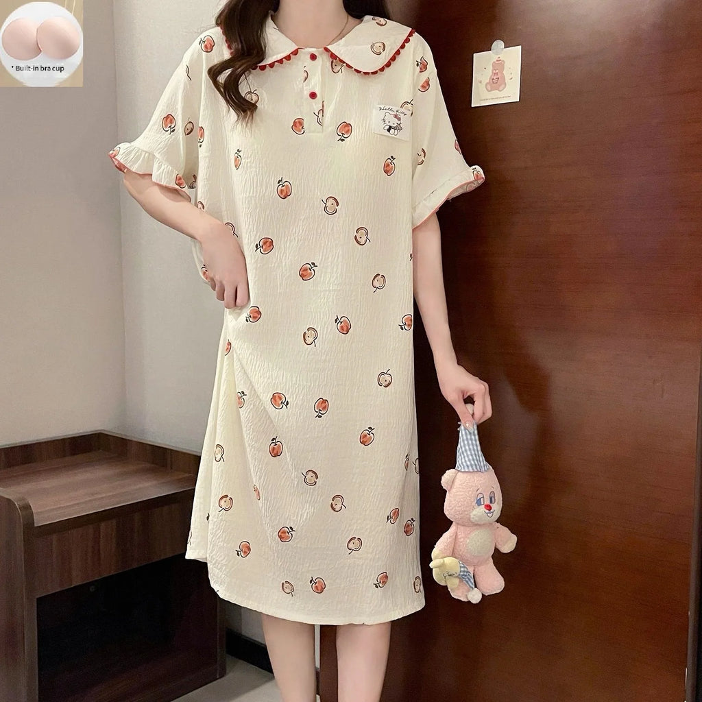Sanrio Hello Kitty Cute Pajamas Dress Woman Night Skirt Summer Sleep Skirt Short Sleeve Nightie Long Dresses Sleepwear Home Wear